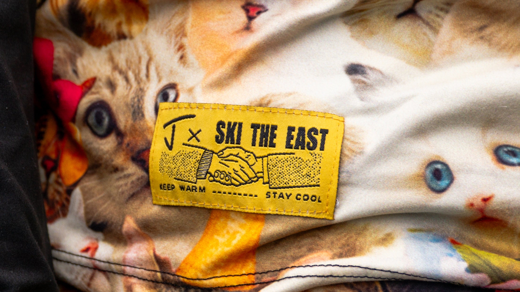 j skis and ski the east collab baselayers feature cat photos collaged all over as a pattern. 
